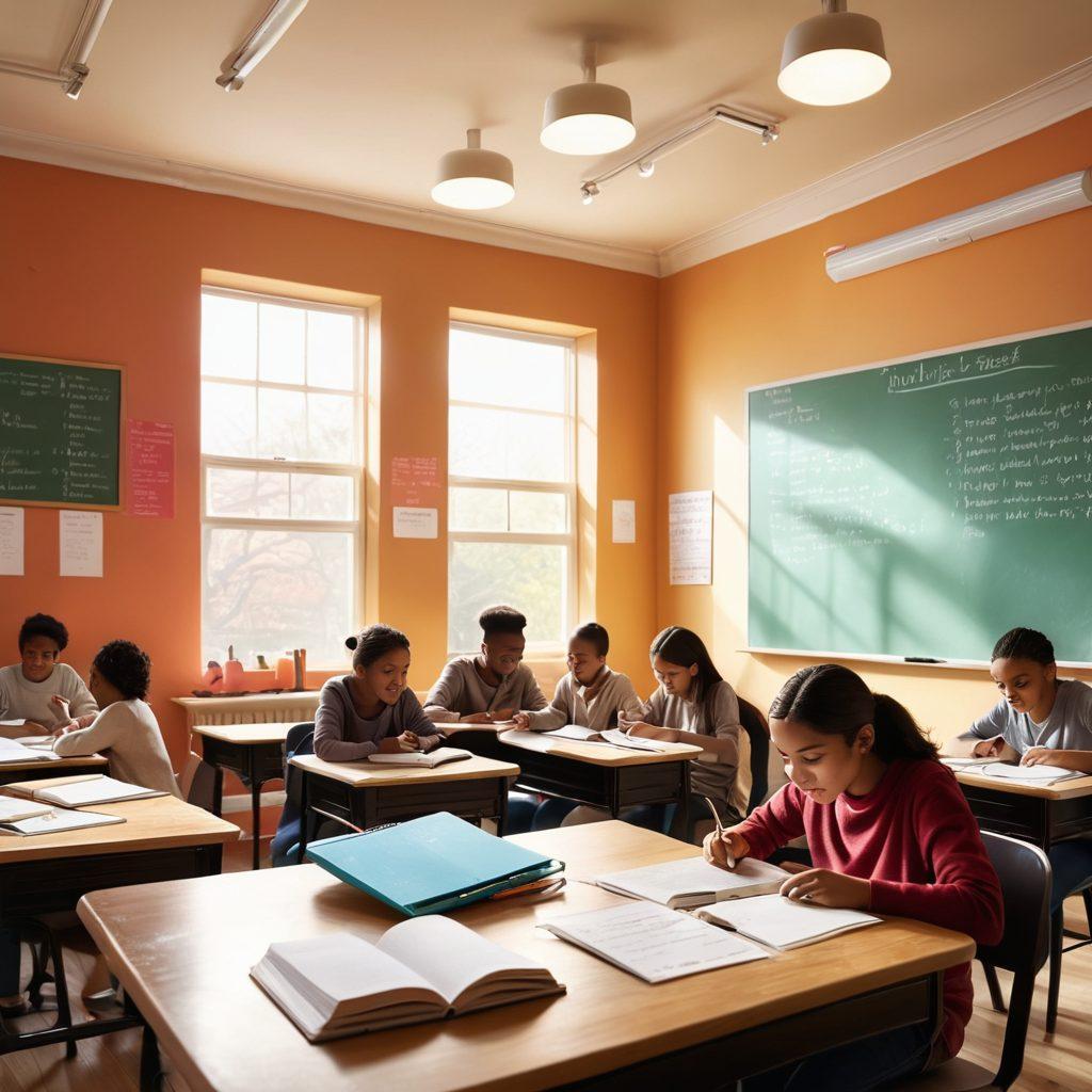 A vibrant classroom scene featuring diverse learners eagerly engaging with colorful books, digital tablets, and creative materials. An open window letting in sunlight, with a chalkboard displaying grammar rules and vocabulary lists. The atmosphere is energetic and collaborative, highlighting the joy of language learning through analysis and creativity. super-realistic. vibrant colors. 3D.