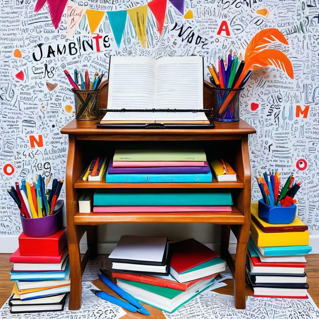 A whimsical writing desk adorned with colorful pens and notebooks, surrounded by stacks of classic literature. An open book reveals flowing, artistic text that spills into a creative cloud of ideas and symbols representing language skills. Soft, warm lighting creates an inviting atmosphere, inspiring creativity and growth. Super-realistic. Vibrant colors. White background.